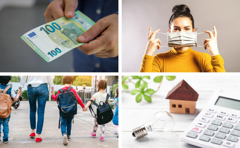 Clockwise: A 100 euro note, a woman putting on a Covid mask, a woman holding hands with small kids with backpacks, a small model of a house next to a light bulb and calculator