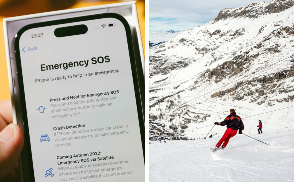 A split photo of the emergency features on an iPhone, and a ski slope in Val-d’Isère