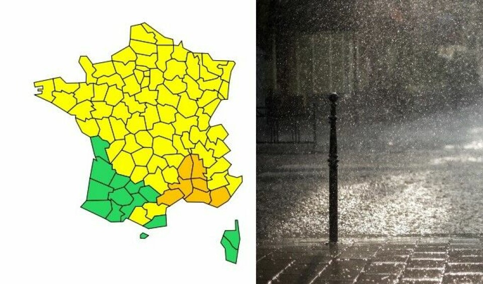 A map of the departments under an orange alert next to an image of rain pouring down onto a street