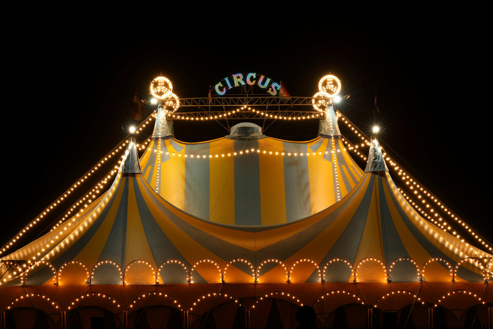 A photo of a circus tent lit up with fairy lights