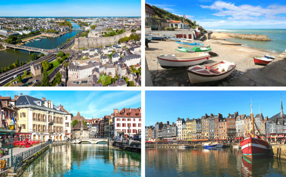 Clockwise: Views of the towns and villages of Angers, Guéthary, Honfleur, and Annecy