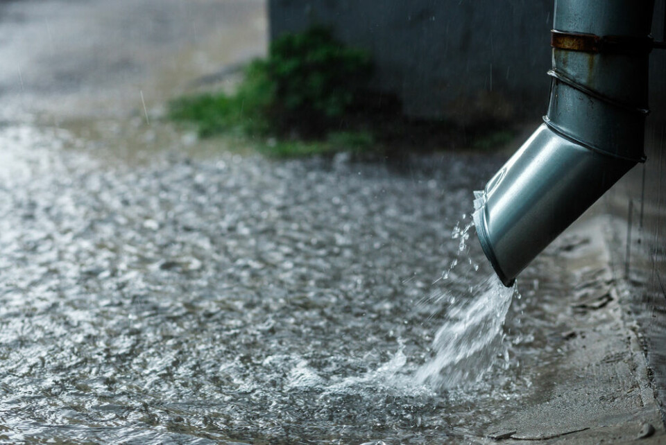 A photo of a drainpipe in heavy rain