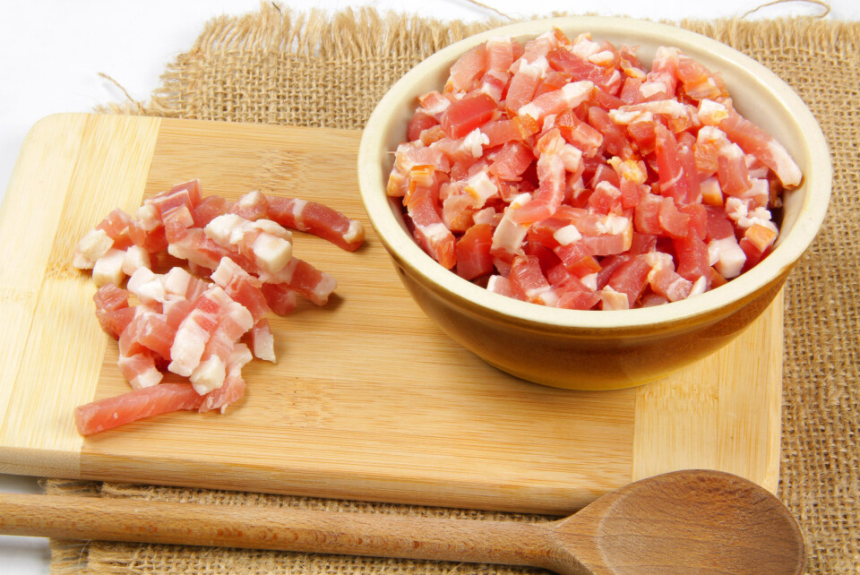 Lardon bacon pieces in a bowl