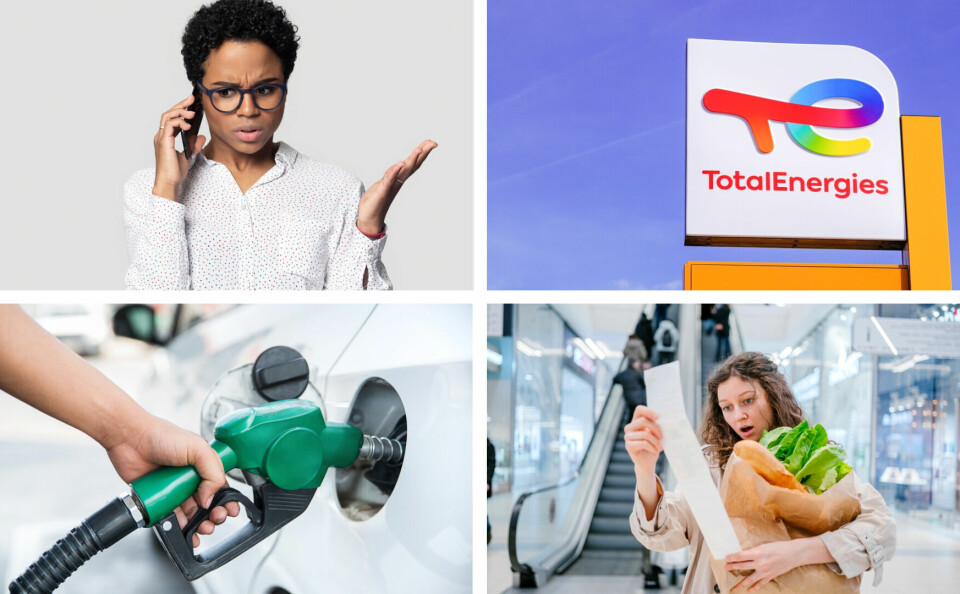 A four-part photos showing a woman getting angry on the phone, a TotalEnergies petrol station, a petrol pump, and a woman looking shocked at a food receipt
