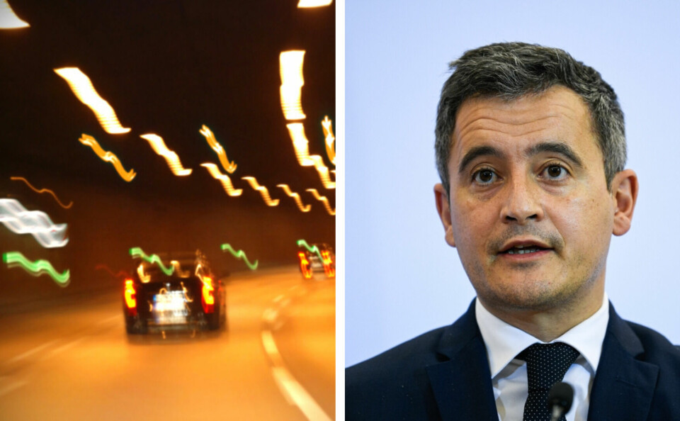 A split photo showing a blurred road and Interior Minister Gérald Darmanin