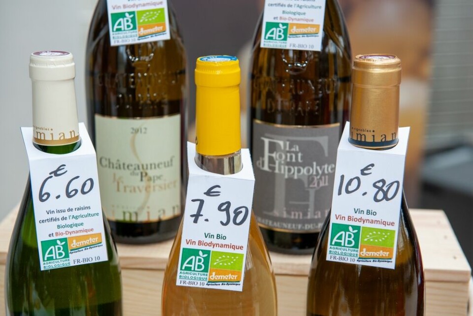 A view of five wine bottles with hand-written price cards on them in a supermarket