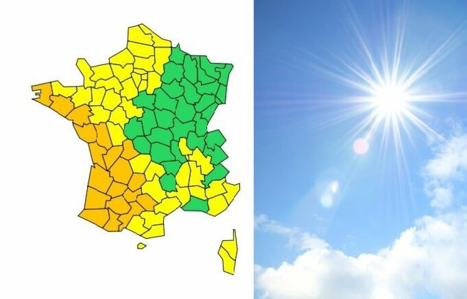 A map of the departments under heatwave alert and a picture of a hot sun