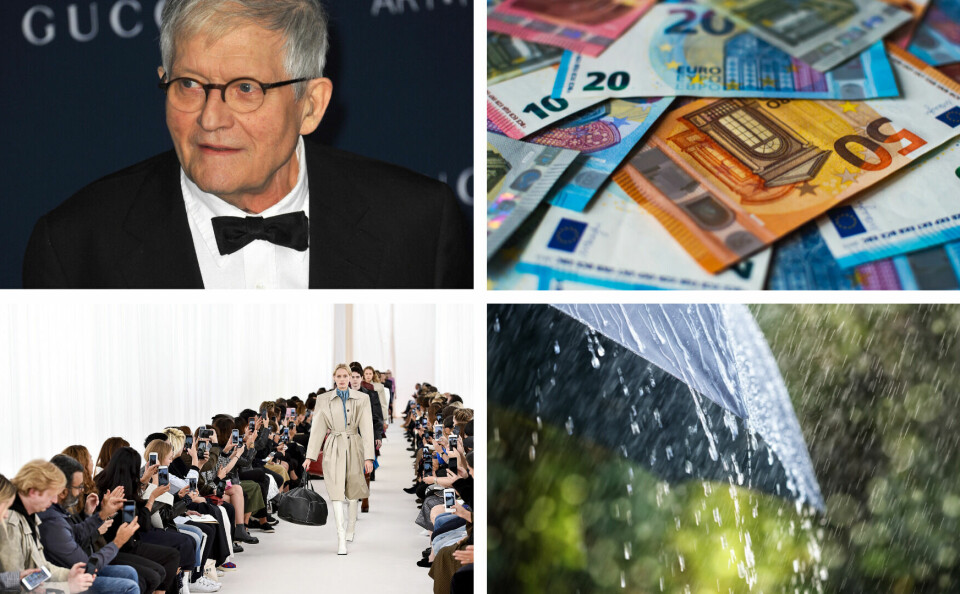 A split image of David Hockney, a pile of euro notes, models on the catwalk during Paris Fashion Week 2016 and rain dripping from an umbrella