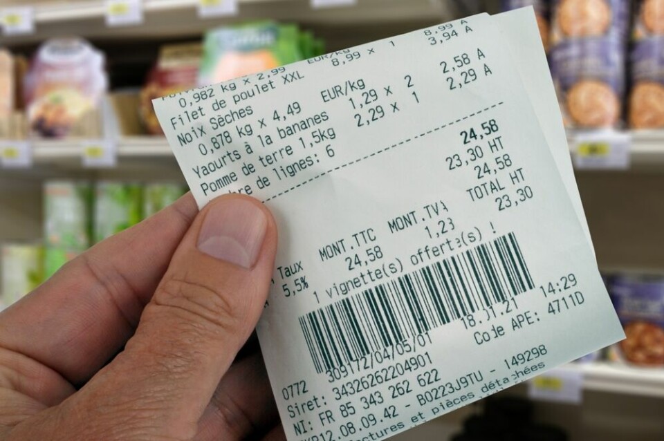 A close-up of a receipt for a French supermarket shop