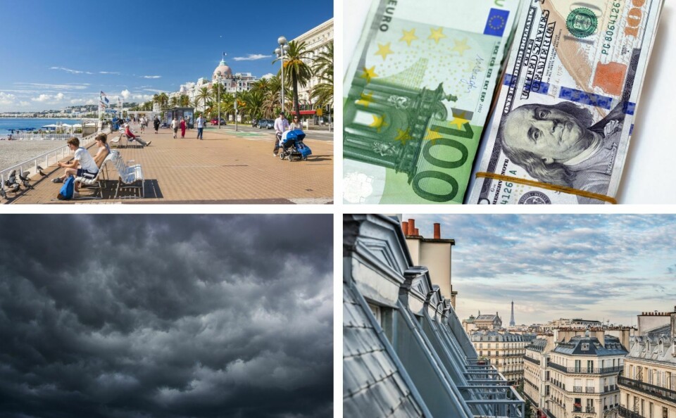 a split image of the Promenade des Anglais in Nice, a euro note next to a dollar note, a storm brewing and the Paris rooftops
