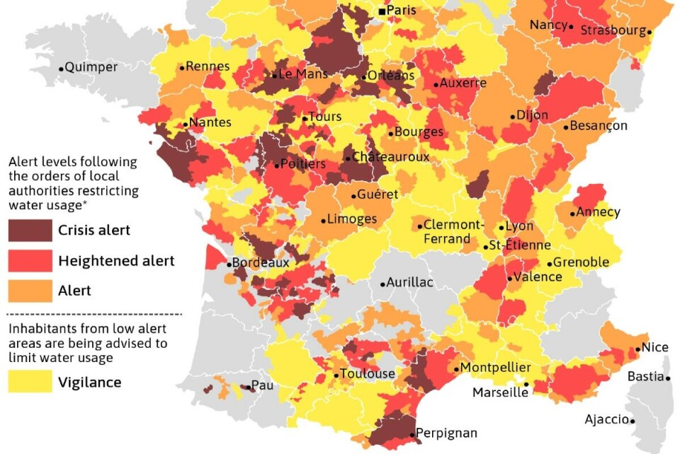 A colour-coded map of France showing the current drought restrictions