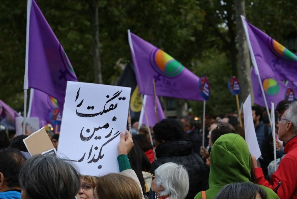 People in Paris hold flags and banners during a march in support of Iranian women
