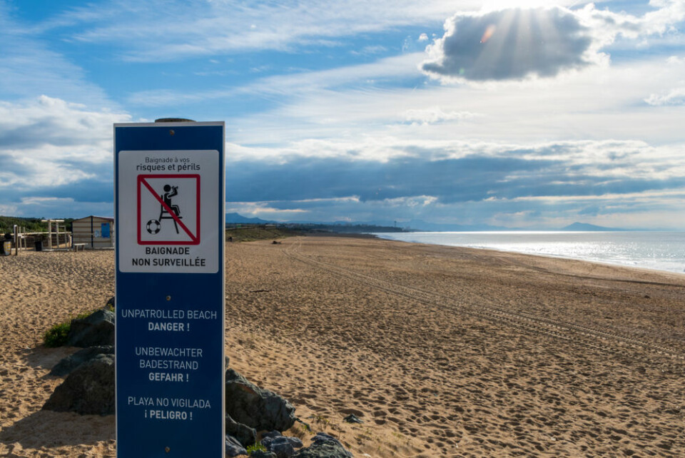 A sign on the beach at Anglet. Danger of hidden currents for sea swimmers in southwest France