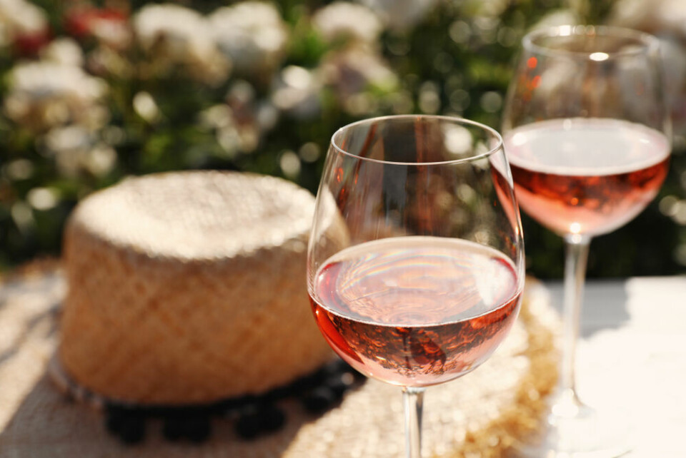 Two wine glasses of rose on a table
