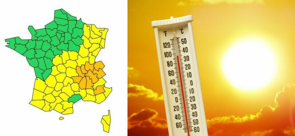 An image of a thermometer before a blazing sun, paired with a map of French weather alerts.
