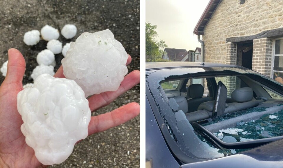 Man holds huge hailstones, next to a photo of smashed back car windscreen. Photos: Tornado, huge hailstones and floods in France weather chaos