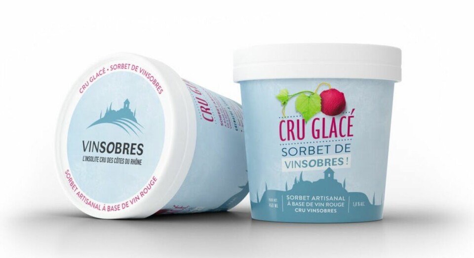 Pots of the Vinsobres Crue Glace sorbet. French winemaker creates red wine sorbet for summer
