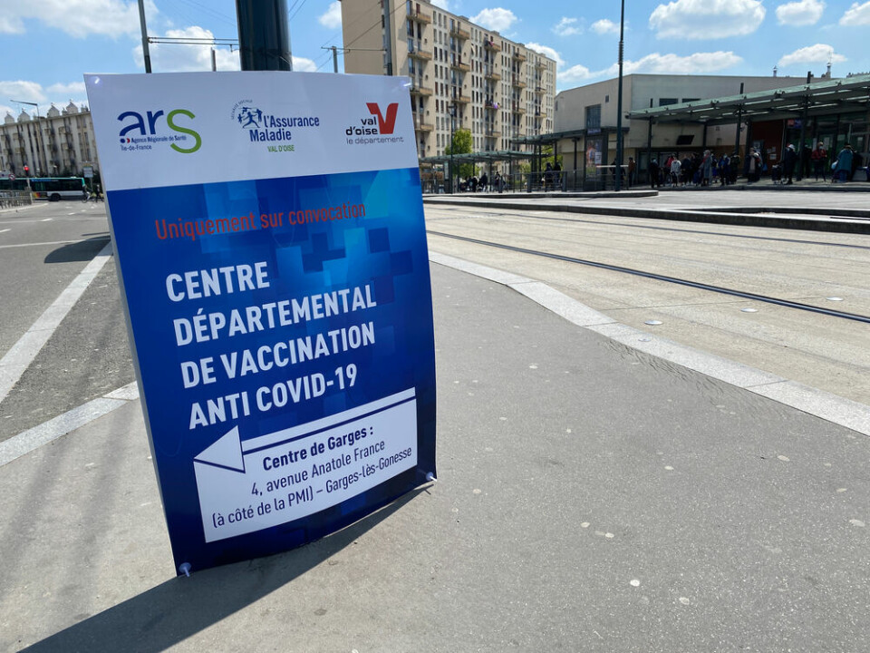 Sign in French directs people to the Covid-19 vaccination centre, Sarcelles, Paris, France. French vaccination campaign could miss ‘20-30%’ of population