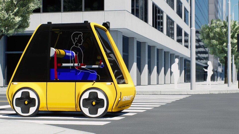 A concept art design of the yellow electric Renault Ikea car being driven on a road. Renault and Ikea team up to make a flat-pack car you build at home