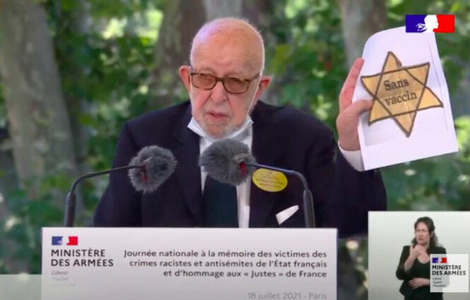 Joseph Szwarc speaking at the national Memorial Day for victims of racist and antisemitic crimes. Jewish WW2 survivor's anger at yellow anti-vax stars at French protest