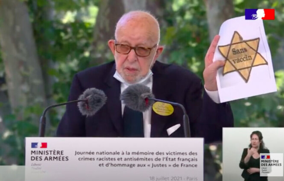 Ministère des Armées / YouTube Joseph Szwarc speaking at the national Memorial Day for victims of racist and antisemitic crimes. Jewish WW2 survivor's anger at yellow anti-vax stars at French protest
