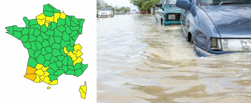 A map of French weather alerts from Météo France and an image of cars submerged in flood water