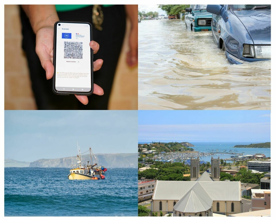 A grid of four images: the French health pass, cars in flood water, a fishing boat off Brittany and the capital of New Caledonia
