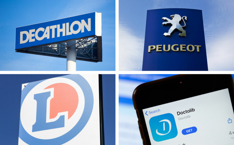 A sign with the Decathlon logo; a Peugeot dealership sign; and sign with the Leclerc logo; the Doctolib app on a phone screen