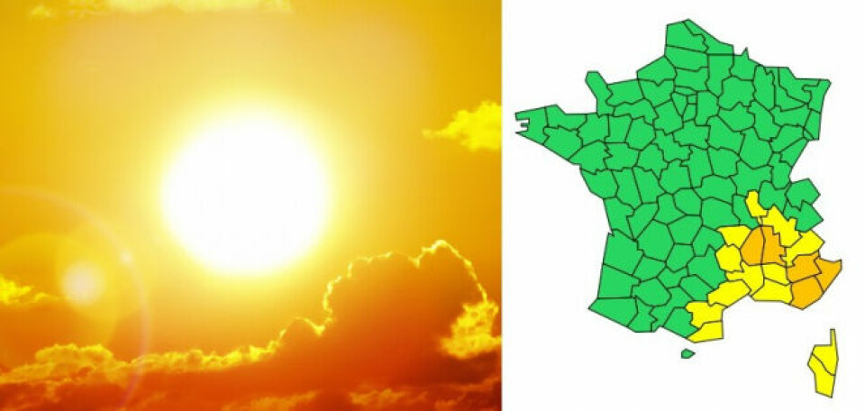 An image of a blazing sun next to a map of French heatwave alerts