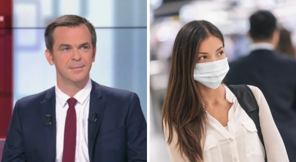 Olivier Veran on BFMTV, and a woman wearing a mask outdoors. Covid war could be won by autumn, says France's health minister