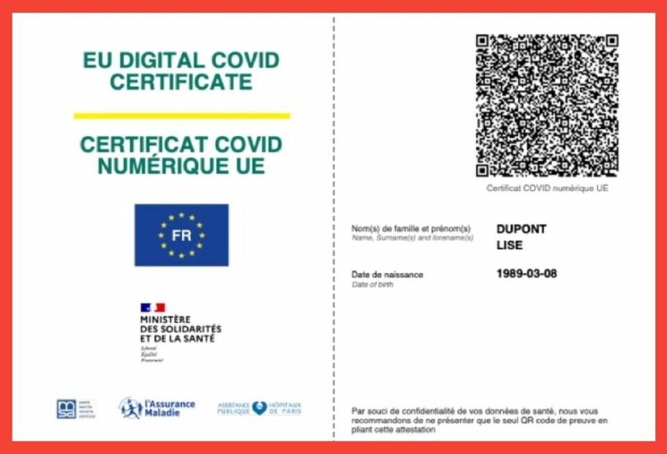 An example of a section of France's Covid-19 vaccination certificate