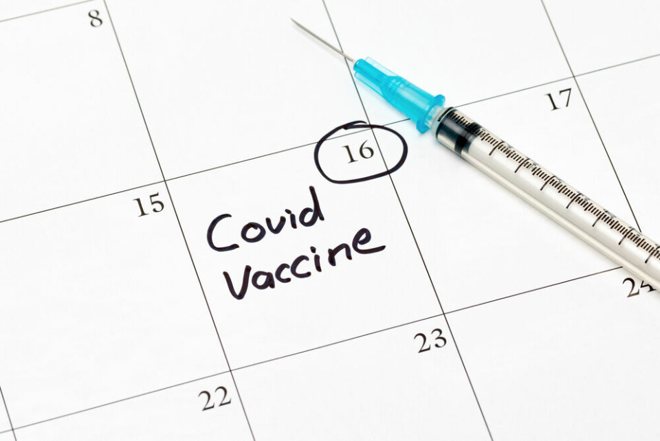 Covid-19 coronavirus vaccine reminder on calendar with syringe and needle. France allows shorter gap between first and second Covid jabs