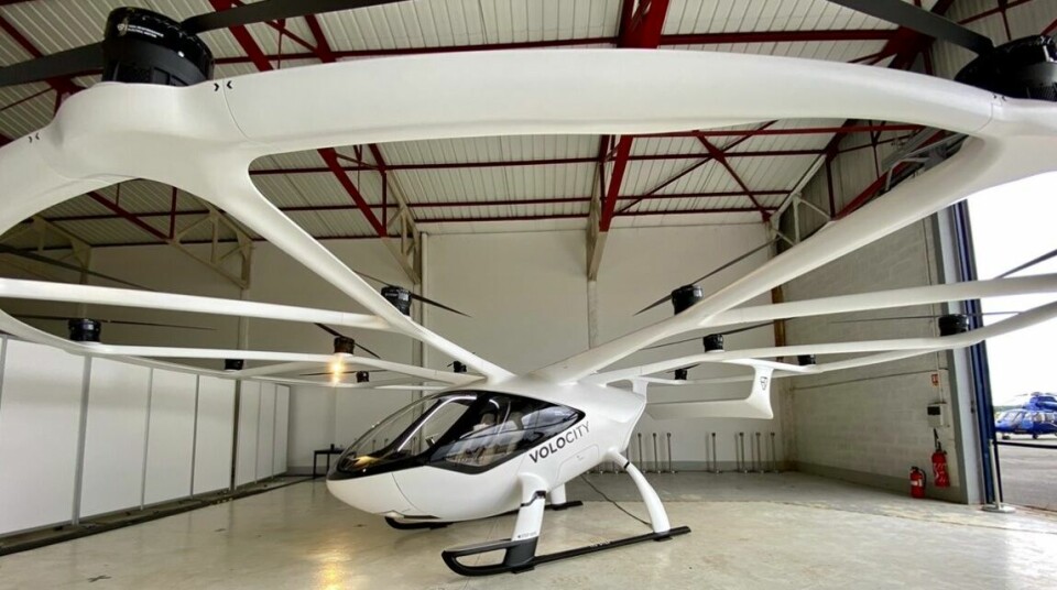 A VoloCity Volocopter helicopter flying taxi. Flying taxi successfully tested in Paris ahead of 2024 Olympics