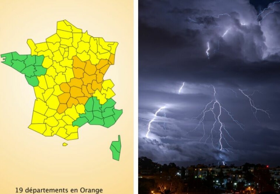 Meteo France map and a thunderstorm. Storm alerts for central-east and north-east France
