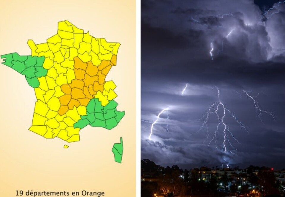 Vigilance.MeteoFrance.fr / JacobVphotography / Shutterstock Meteo France map and a thunderstorm. Storm alerts for central-east and north-east France