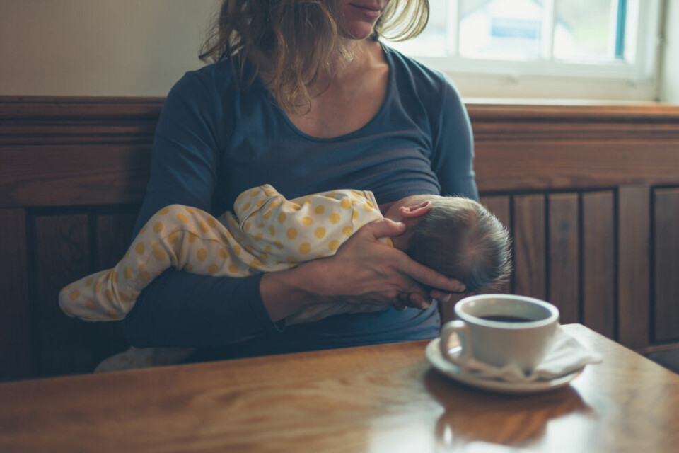 Woman breastfeeding baby in a cafe. French law proposed to protect women from abuse when breastfeeding