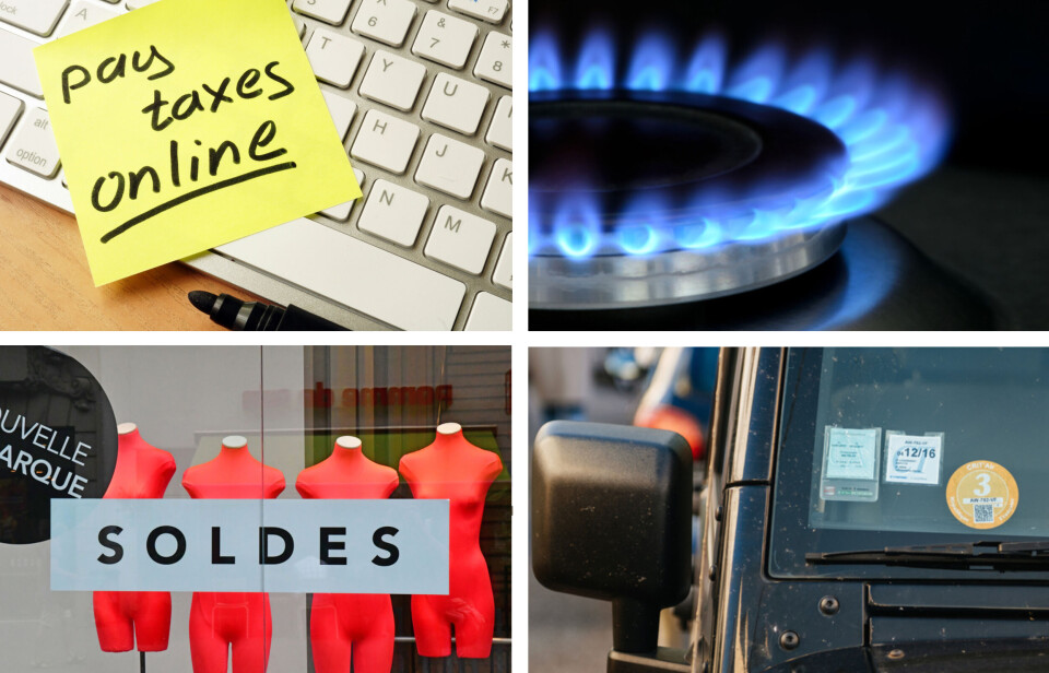 Clockwise: Vitalii Vodolazskyi / FedotovAnatoly / Pack-Shot / Hadrian / Shutterstock Post-it note saying pay taxes online, a gas ring, a shop window with sales, and a Crit'Air 3 sticker on a car. What’s new for residents in France in June 2021?