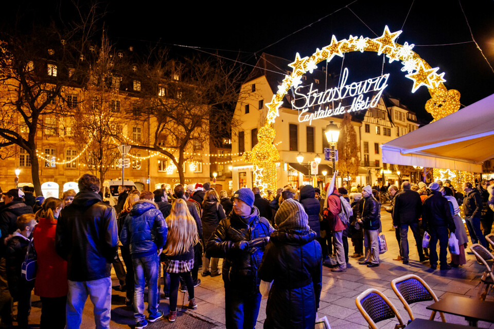 Busy Christmas Market city of Strasbourg, Alsace region, France