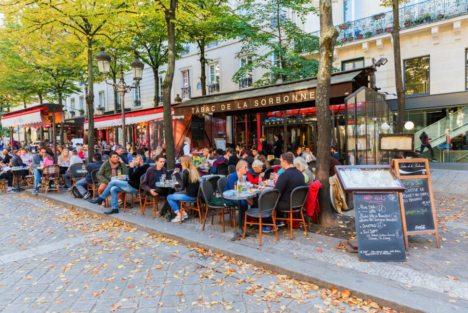 Street restaurants beside Sorbonne University in the Latin Quarter, Paris. Eating out, shops: What changes for Covid rules in France from June 30
