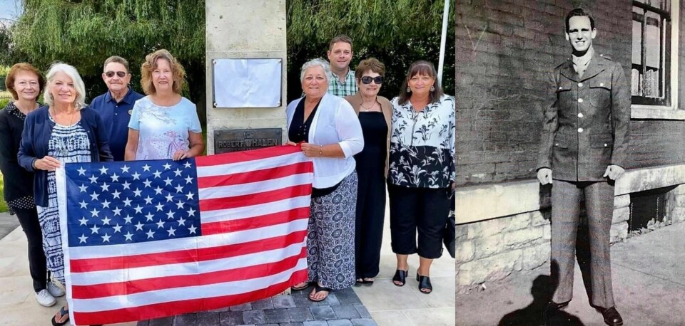 An image of Robert Whalen's nephews and nieces, holding an American flag in front of the monument dedicated to him. This sits next to an image of Whalen himself