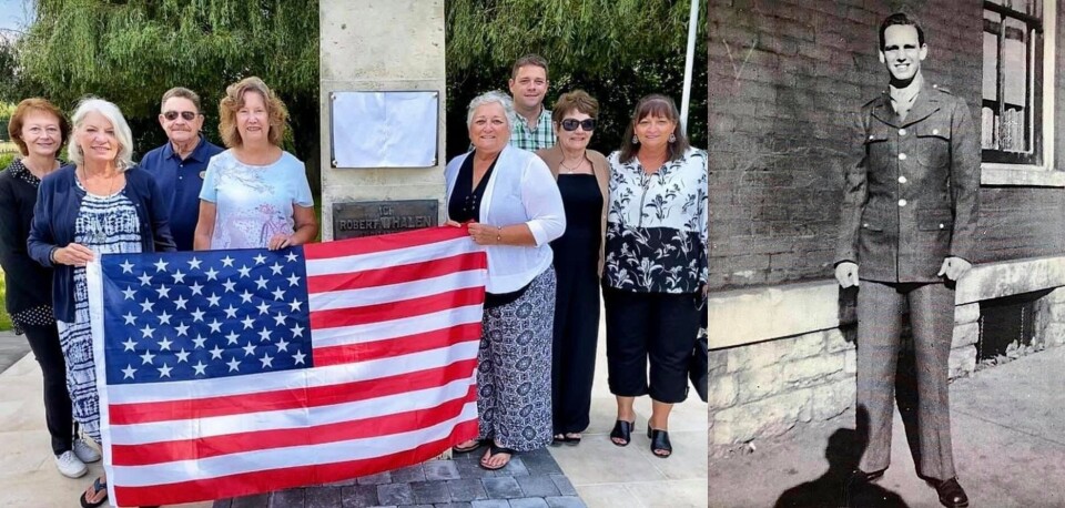 An image of Robert Whalen's nephews and nieces, holding an American flag in front of the monument dedicated to him. This sits next to an image of Whalen himself