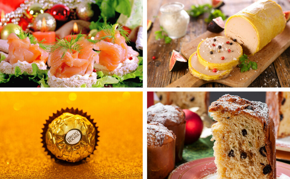 A four-part split image of smoked salmon, foie gras, Ferrero Rocher, and panettone