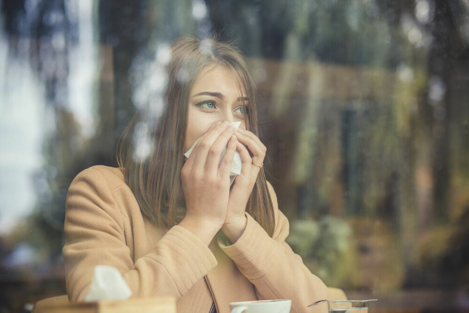 A woman blowing her nose with an allergy while looking outdoors at trees