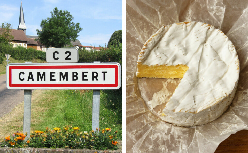 A view of the Camembert village sign and a Camembert AOP cheese