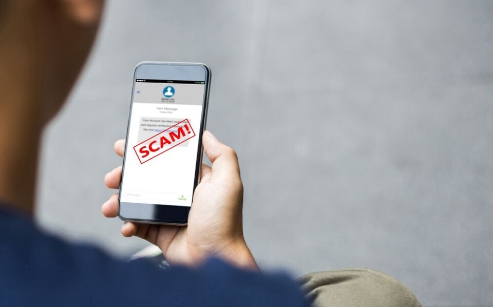 A view of a man looking at a phone with the words ‘scam’ across the screen