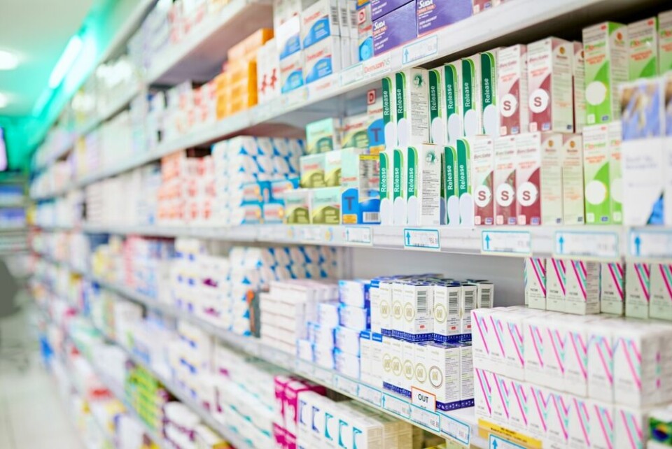 A view of a packed pharmacy shelf
