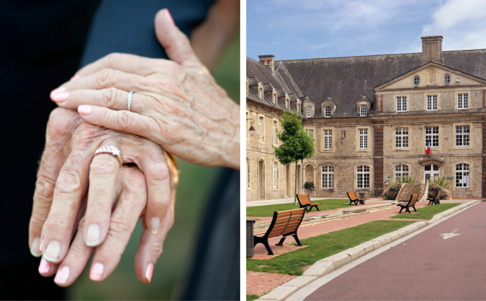 A split photo with an older married couple, and the mairie of Carentan