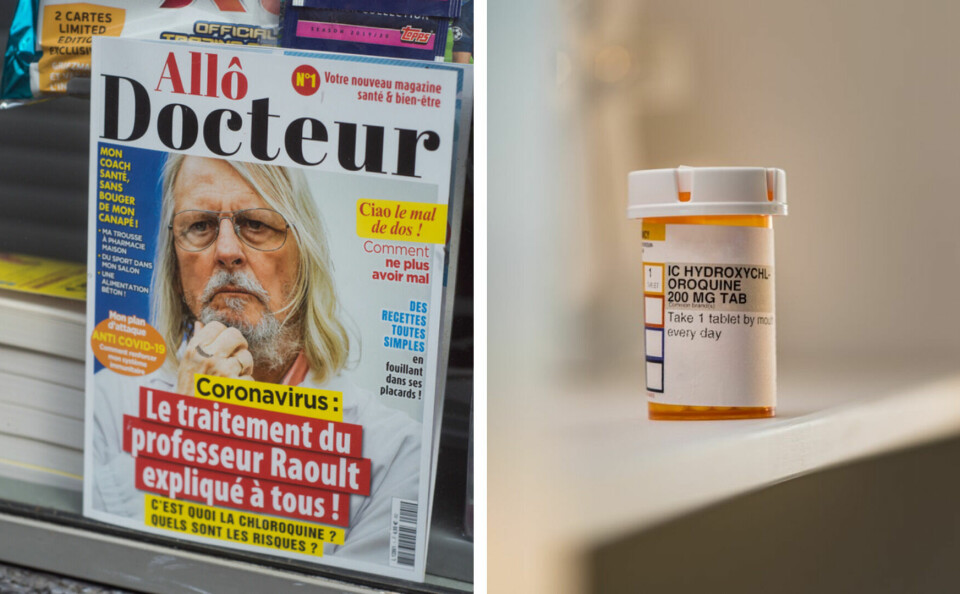 Raoult on cover of French magazine and hydroxychloroquine prescription bottle