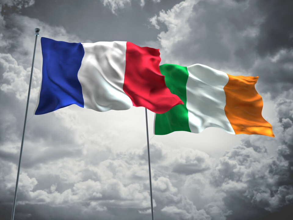A view of the French flag and Irish flag flying next to each other against a cloudy sky