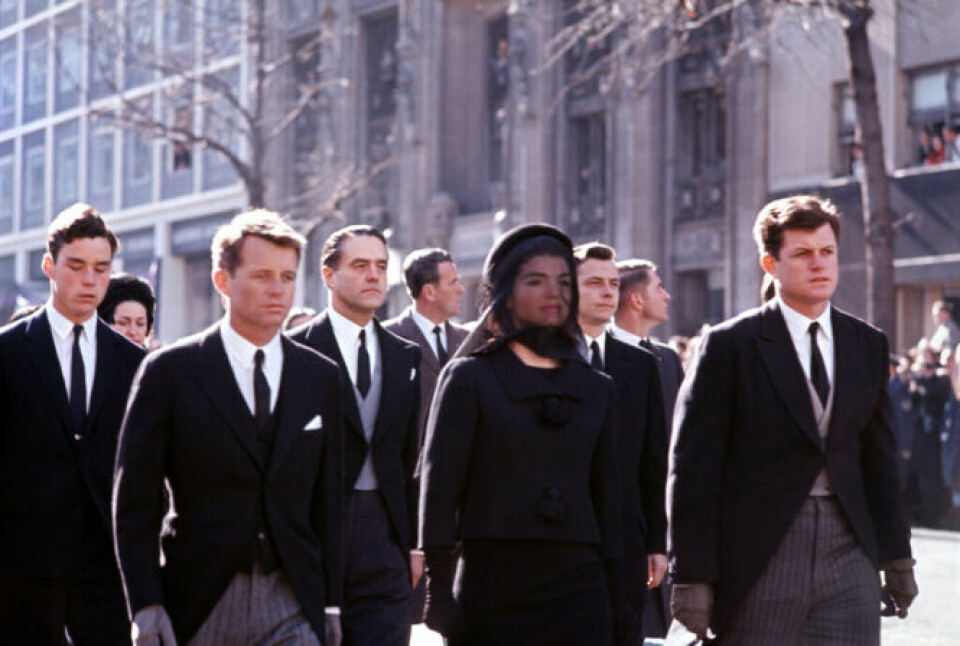 Jackie Kennedy walking alongside Robert and Edward Kennedy at JFK's funeral
